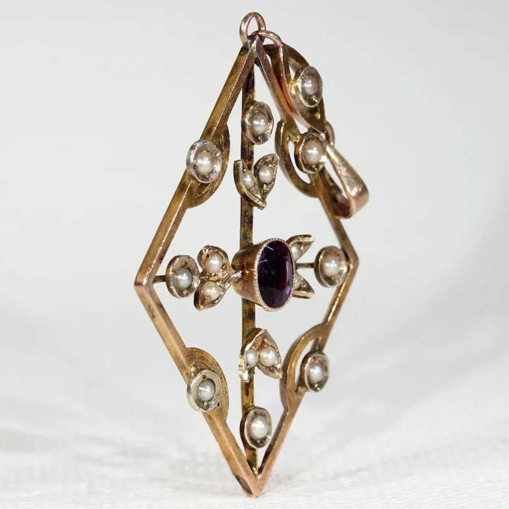 Edwardian 9k Gold Amethyst and Pearl Pendant - image 2