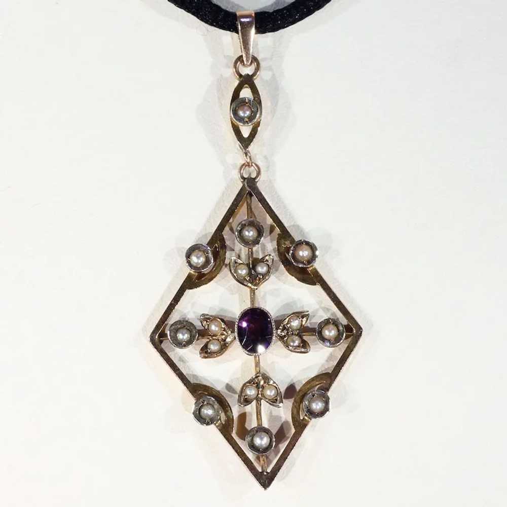 Edwardian 9k Gold Amethyst and Pearl Pendant - image 3