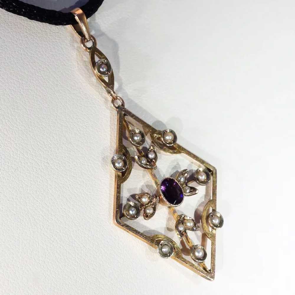 Edwardian 9k Gold Amethyst and Pearl Pendant - image 4