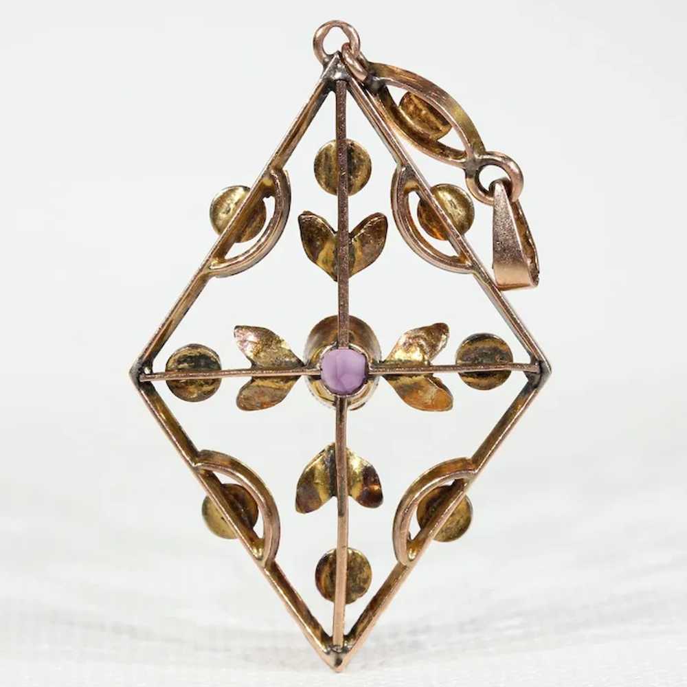 Edwardian 9k Gold Amethyst and Pearl Pendant - image 5
