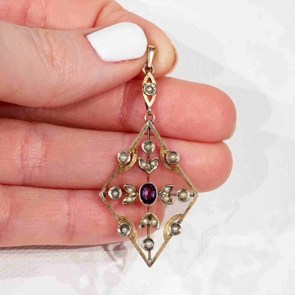 Edwardian 9k Gold Amethyst and Pearl Pendant - image 6