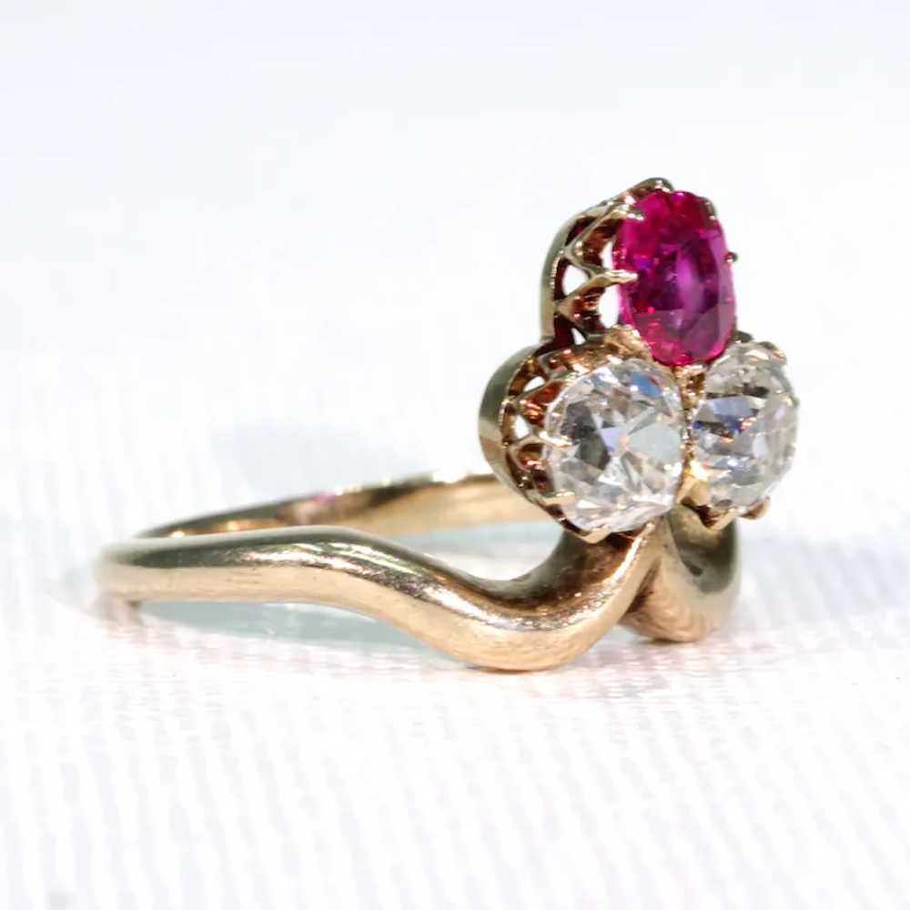 Antique Edwardian Trefoil Ruby Diamond Ring - image 2