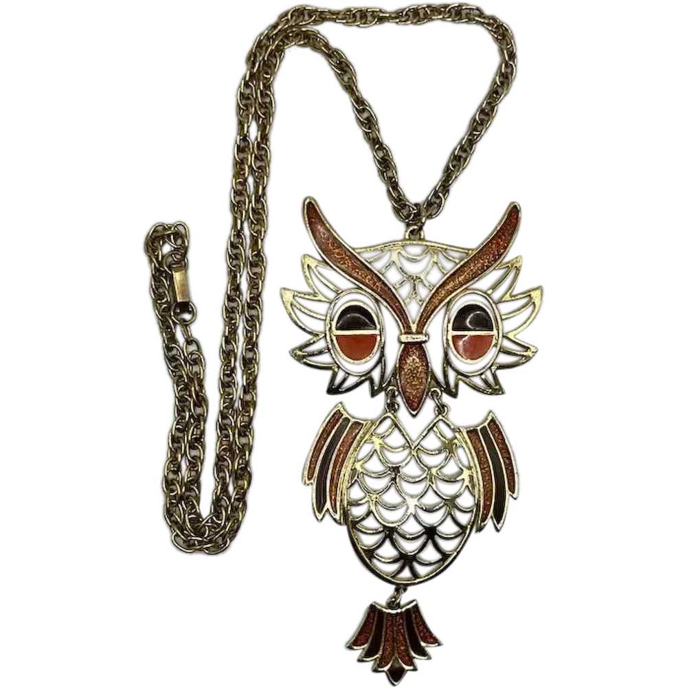 Vintage Articulated Owl Goldtone Orange Brown Ena… - image 1