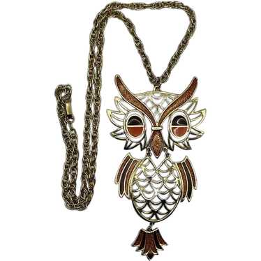 Vintage Articulated Owl Goldtone Orange Brown Ena… - image 1