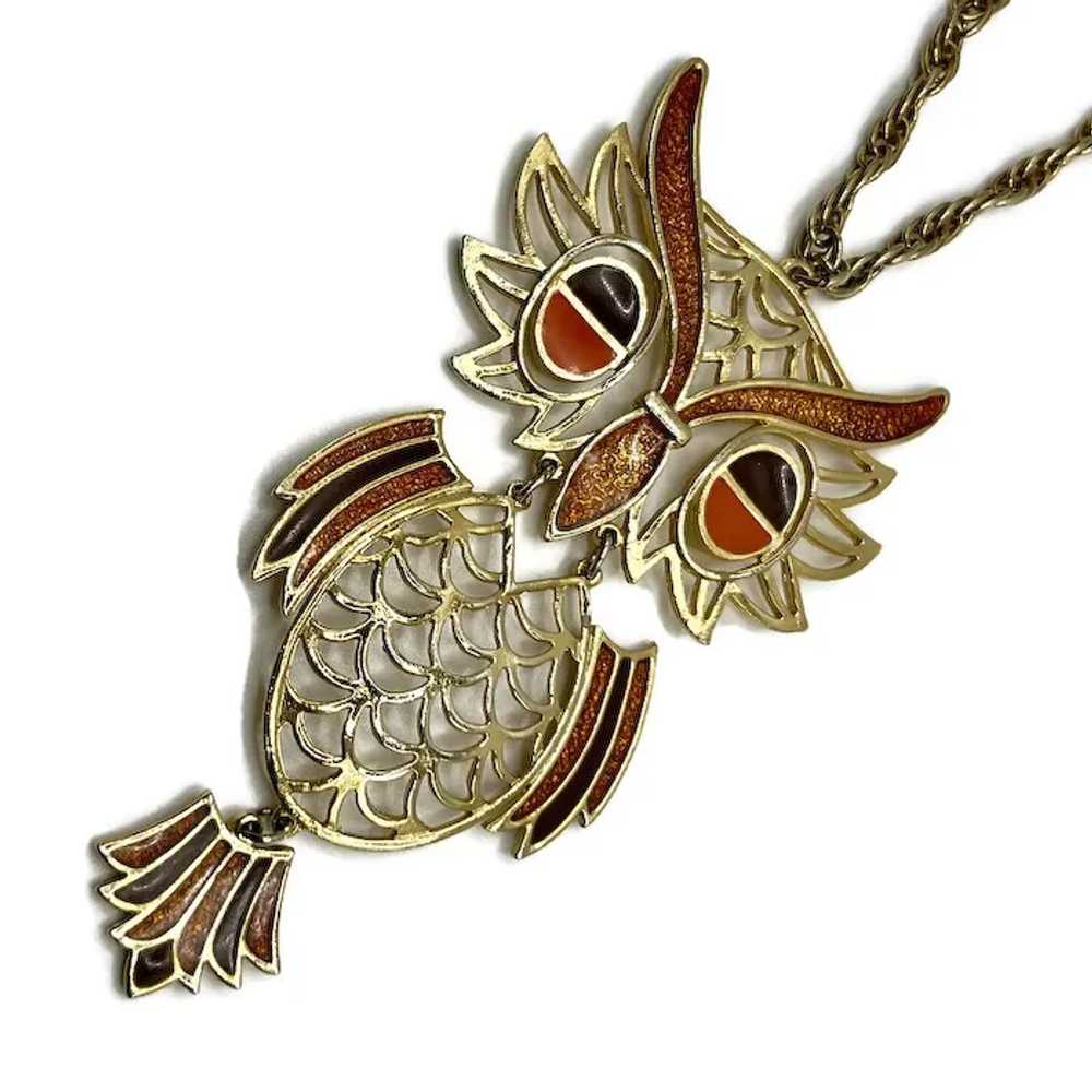 Vintage Articulated Owl Goldtone Orange Brown Ena… - image 2