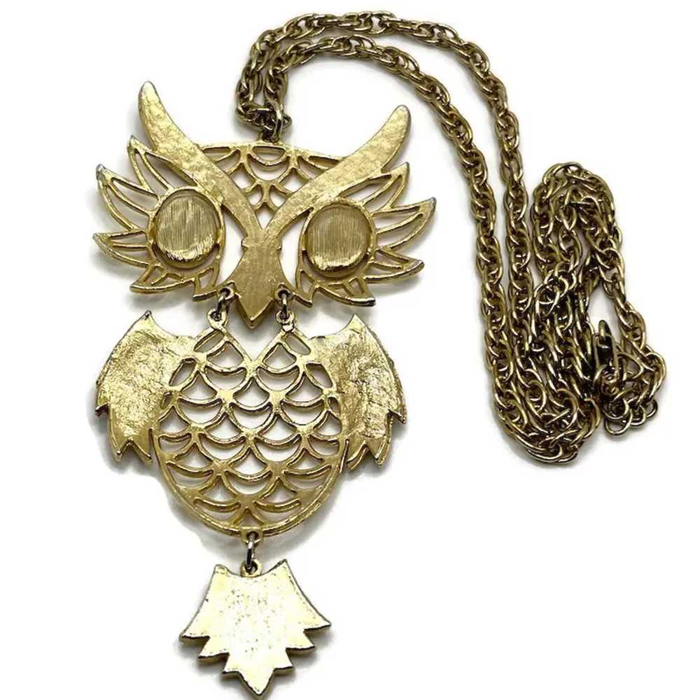 Vintage Articulated Owl Goldtone Orange Brown Ena… - image 3