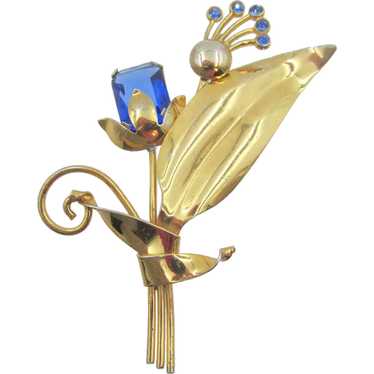 1940s Gold Over Sterling Blue Glass Floral Spray … - image 1