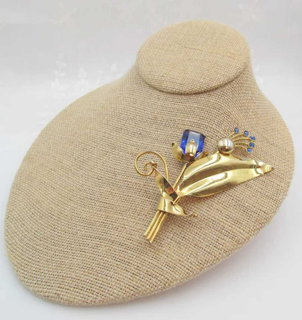 1940s Gold Over Sterling Blue Glass Floral Spray … - image 3