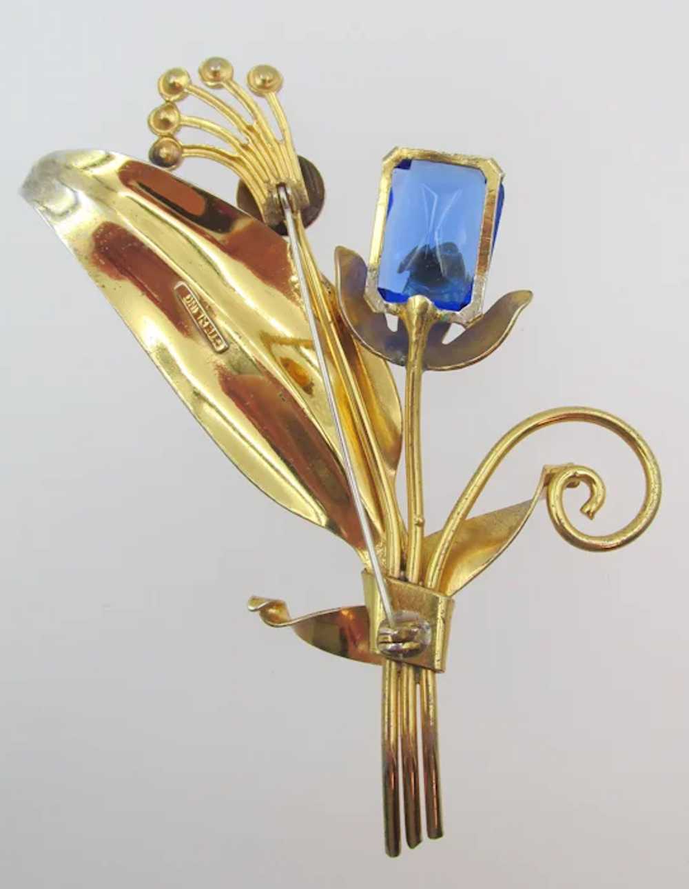 1940s Gold Over Sterling Blue Glass Floral Spray … - image 4