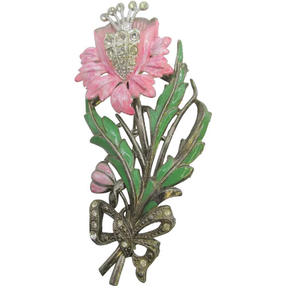 1940s Pink Floral Diamante Rhinestone  Pot Metal … - image 1