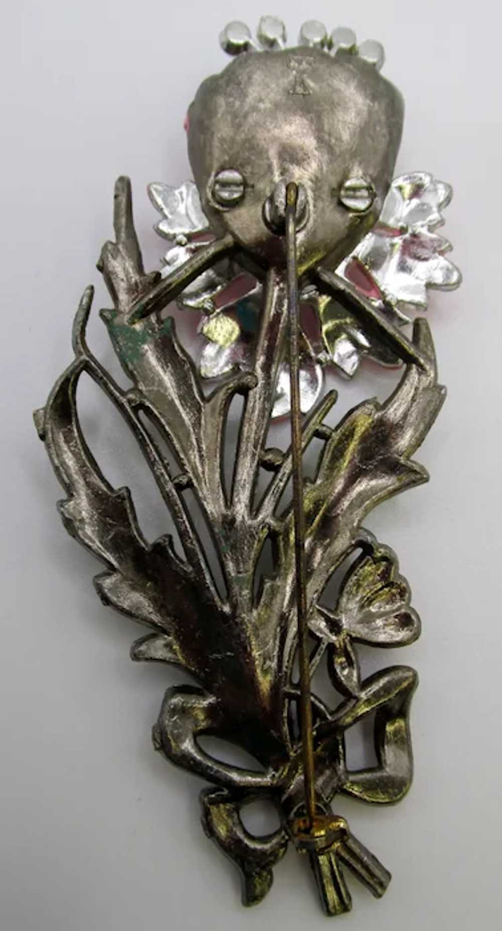 1940s Pink Floral Diamante Rhinestone  Pot Metal … - image 4