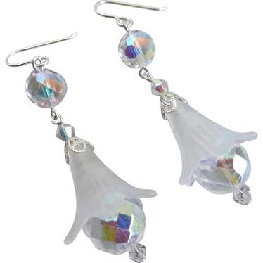 Frosted Lucite Flower Bell Earrings with Crystal … - image 1