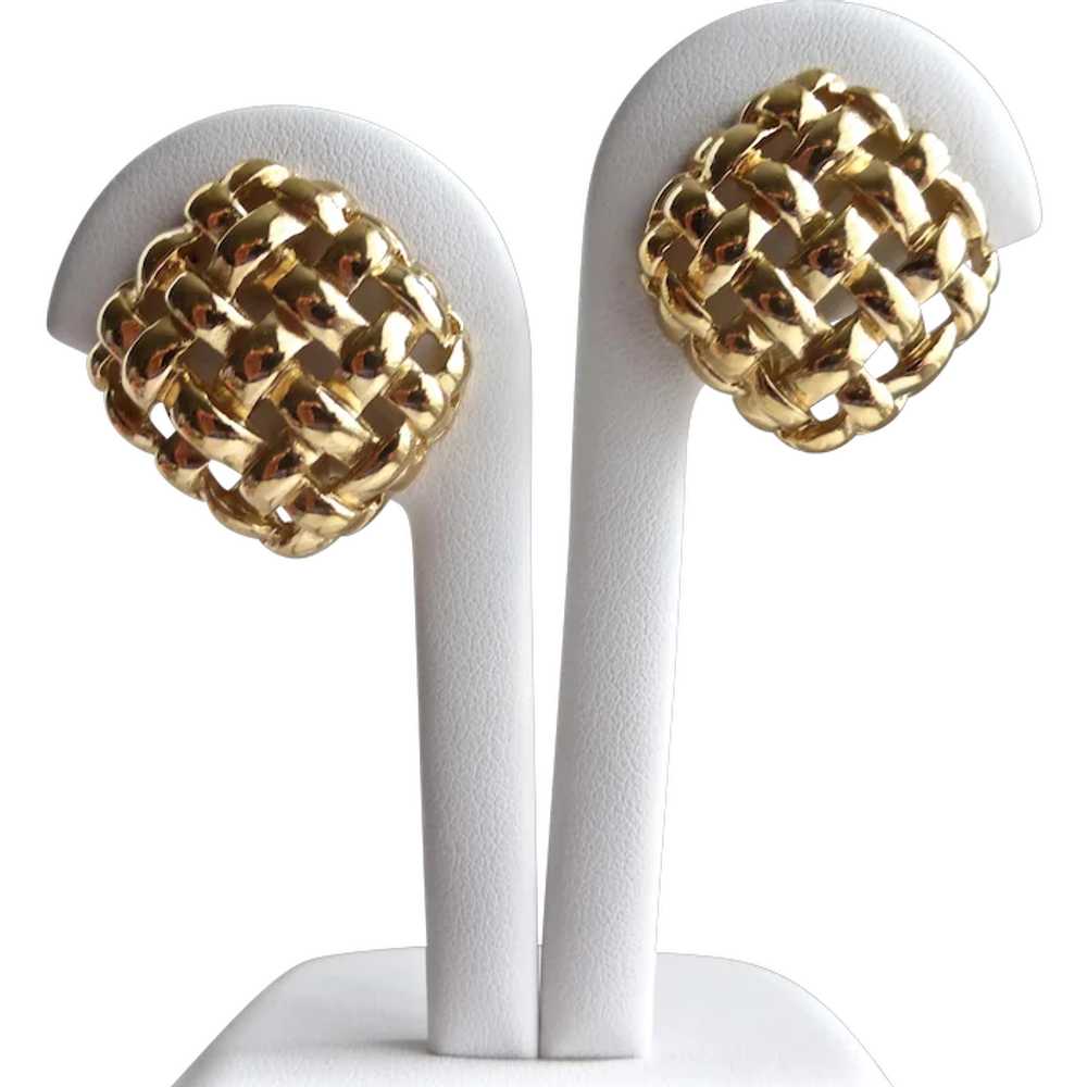 GIVENCHY Gold Tone Basket Weave Clip on Earrings - image 1