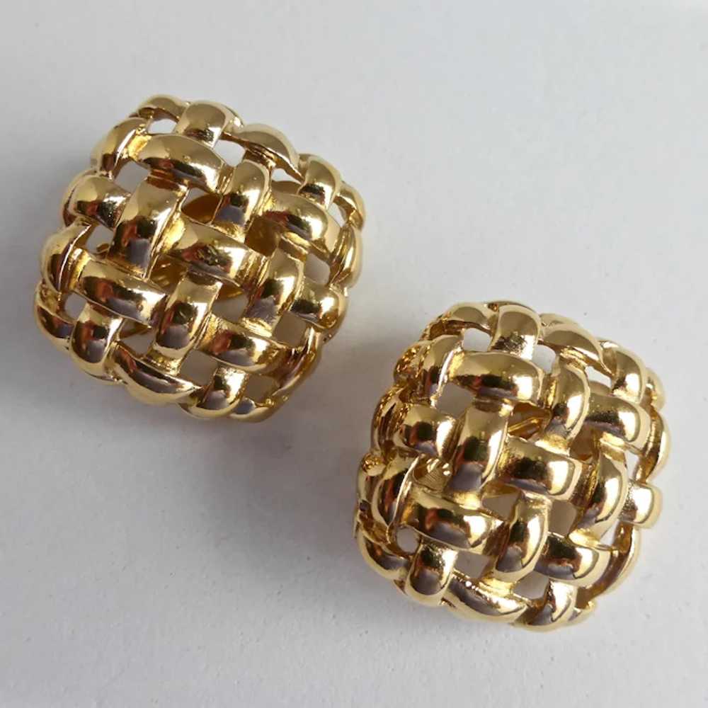 GIVENCHY Gold Tone Basket Weave Clip on Earrings - image 2