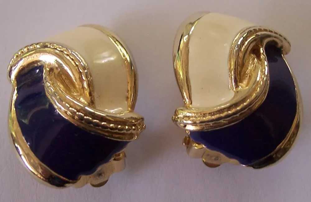 Vintage Gay Boyer Blue and Cream Enamel Earrings … - image 2