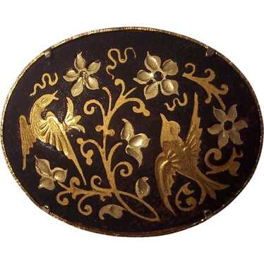 Beautiful Damascene Bird Brooch Gold tone on Black