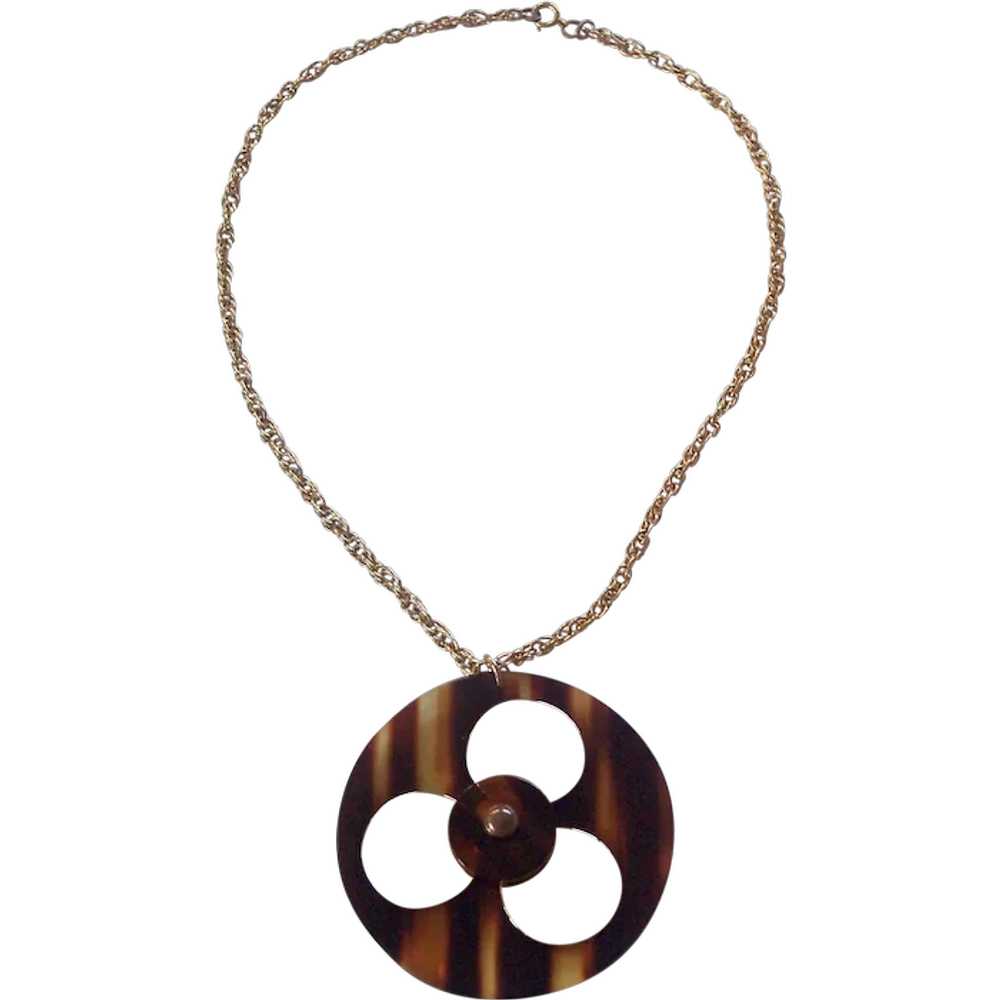 Tortoise shell Lucite Disc Pendant Necklace Gold … - image 1