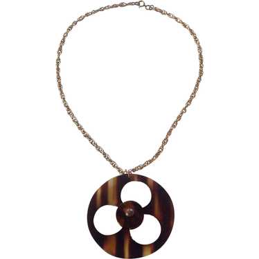 Tortoise shell Lucite Disc Pendant Necklace Gold … - image 1
