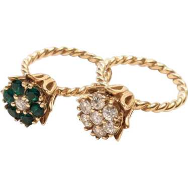 Vintage Pair Of Emerald And Diamond Flower Rings - image 1