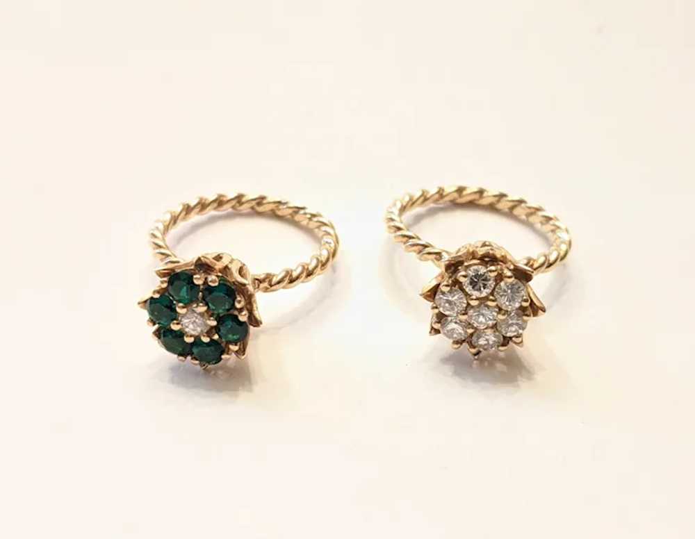 Vintage Pair Of Emerald And Diamond Flower Rings - image 2