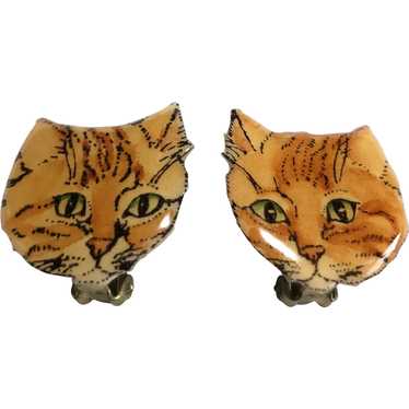Cute Orange Metal Artisan Cat Earrings - image 1