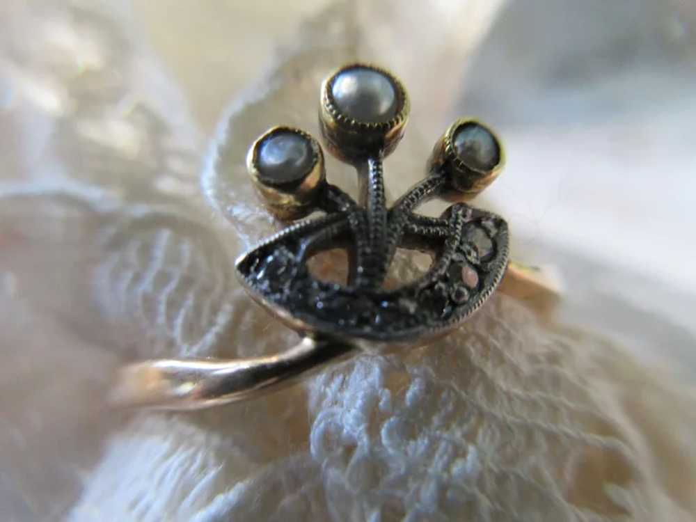 Antique 18K Platinum Seed Pearl Diamond Ring - image 2
