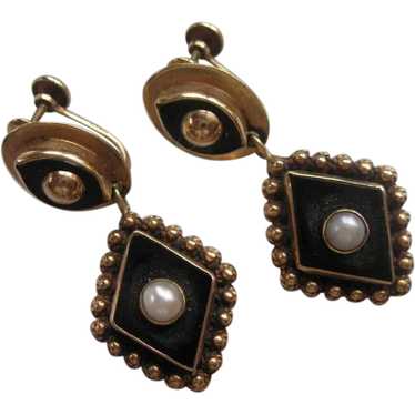 14K Onyx Cultured Pearl Earrings,  Spectacular De… - image 1