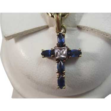 Vintage Estate Sapphire & Diamond Cross Pendant 1… - image 1