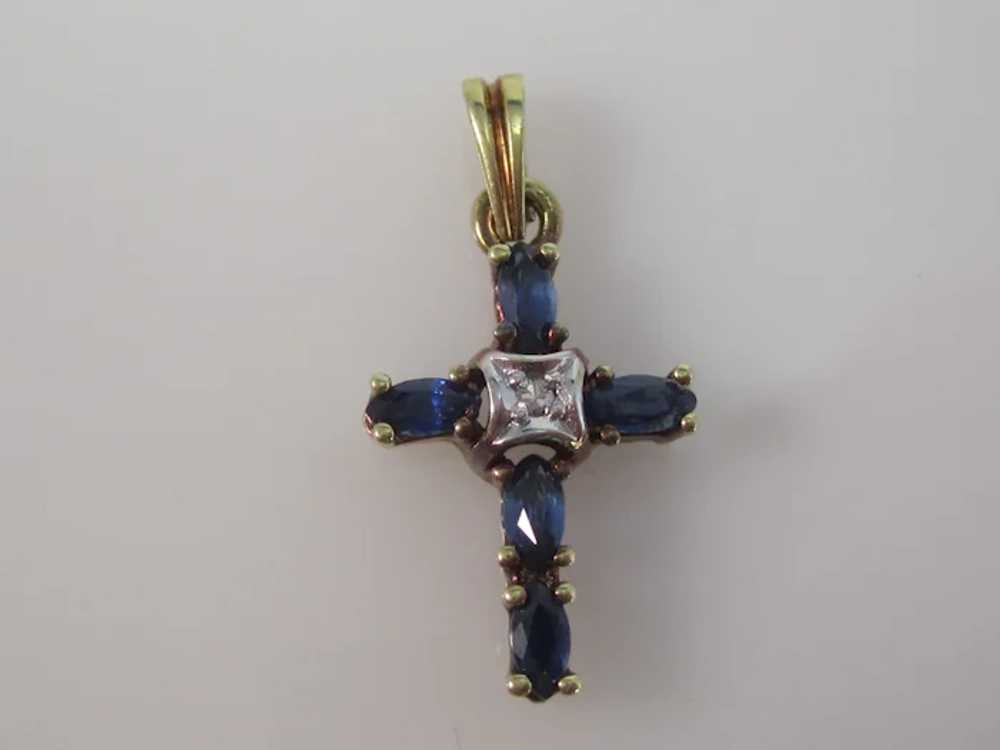 Vintage Estate Sapphire & Diamond Cross Pendant 1… - image 2
