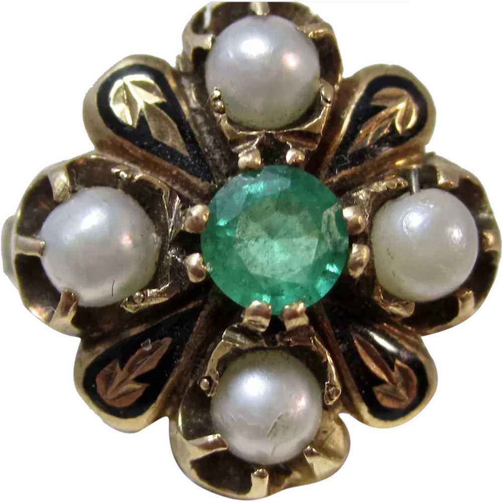 Antique Edwardian Emerald & Pearl Ring 14K - image 1
