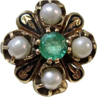 Antique Edwardian Emerald & Pearl Ring 14K - image 1
