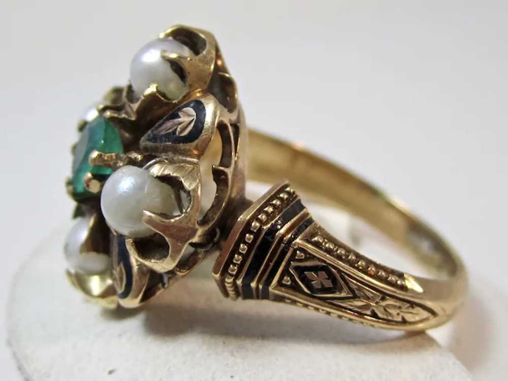 Antique Edwardian Emerald & Pearl Ring 14K - image 2