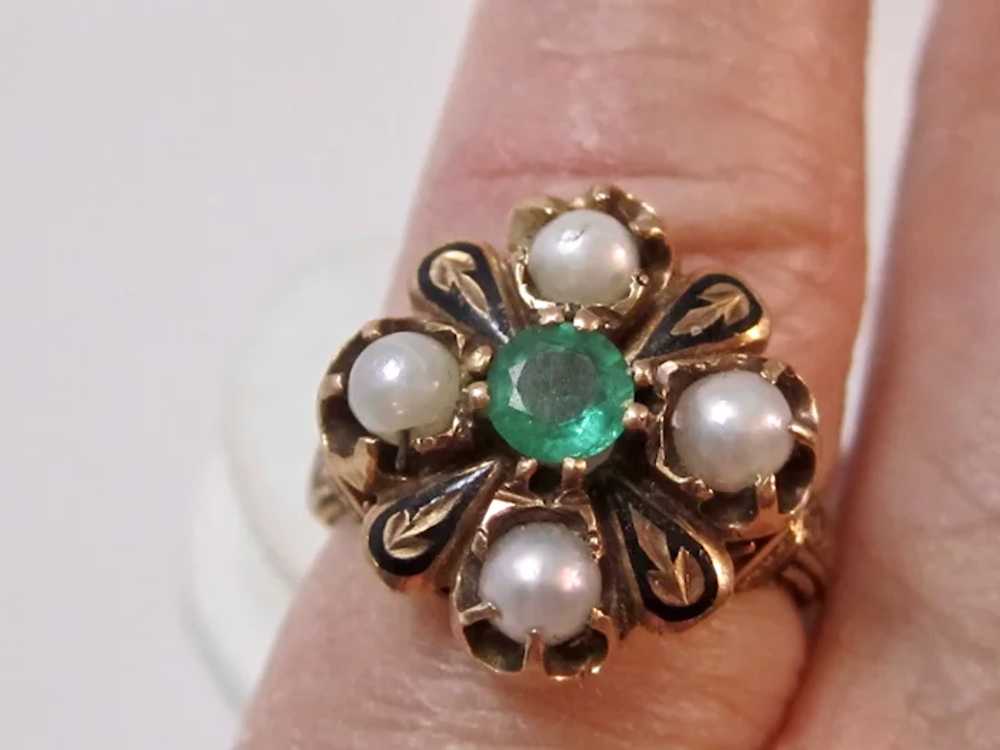 Antique Edwardian Emerald & Pearl Ring 14K - image 3