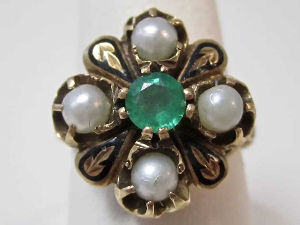 Antique Edwardian Emerald & Pearl Ring 14K - image 4