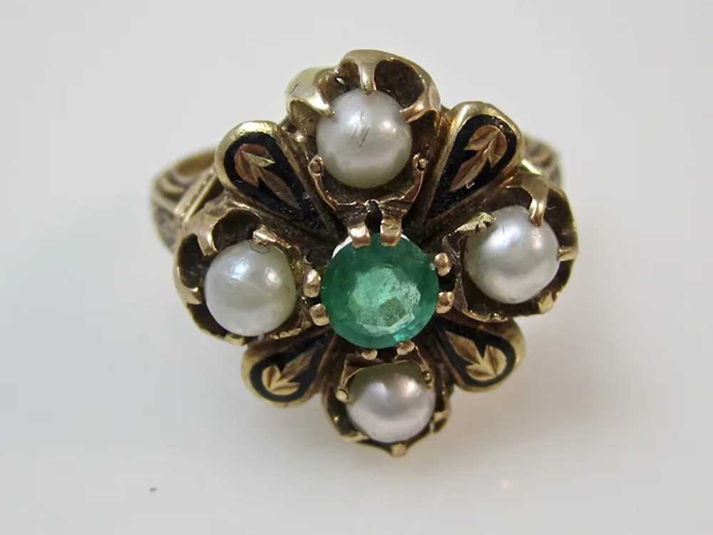 Antique Edwardian Emerald & Pearl Ring 14K - image 7
