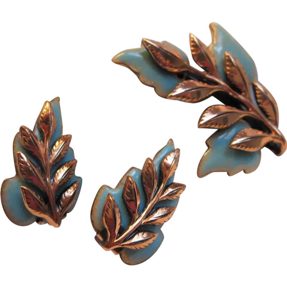 Matisse Pale Blue "Laurel" Leaf Brooch & Earrings - image 1