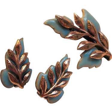 Matisse Pale Blue "Laurel" Leaf Brooch & Earrings - image 1