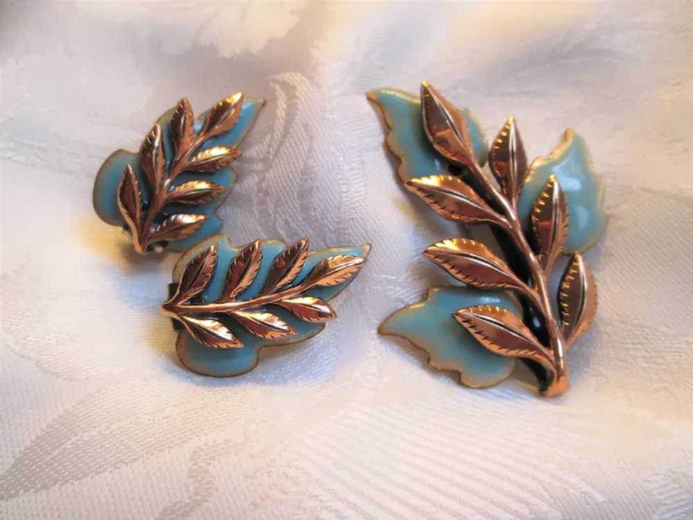 Matisse Pale Blue "Laurel" Leaf Brooch & Earrings - image 2