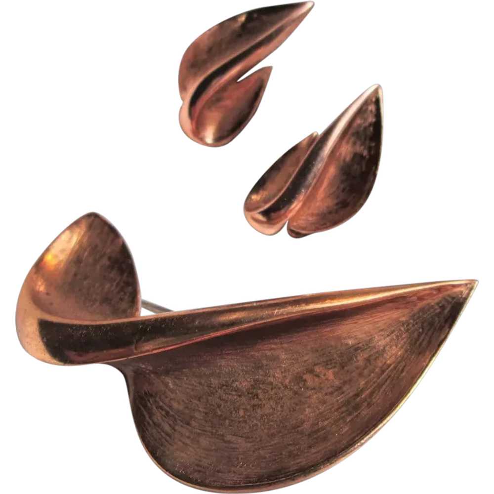 Renoir "Galaxy" Brushed Copper Brooch and Earrings - image 1