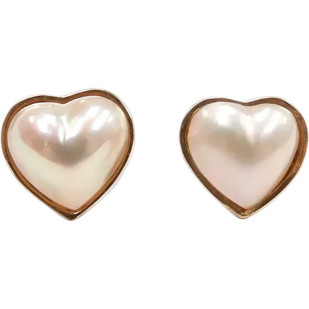 Romantic Cultured Pearl Heart Stud Earrings 14k Y… - image 1