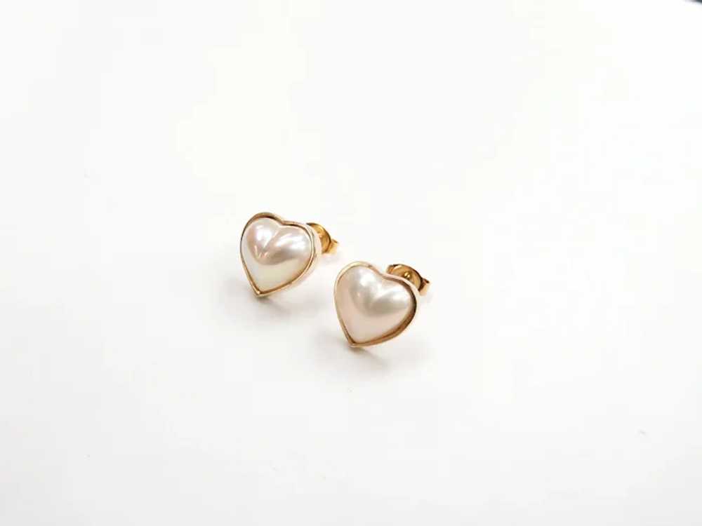 Romantic Cultured Pearl Heart Stud Earrings 14k Y… - image 2