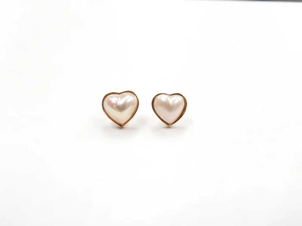 Romantic Cultured Pearl Heart Stud Earrings 14k Y… - image 3