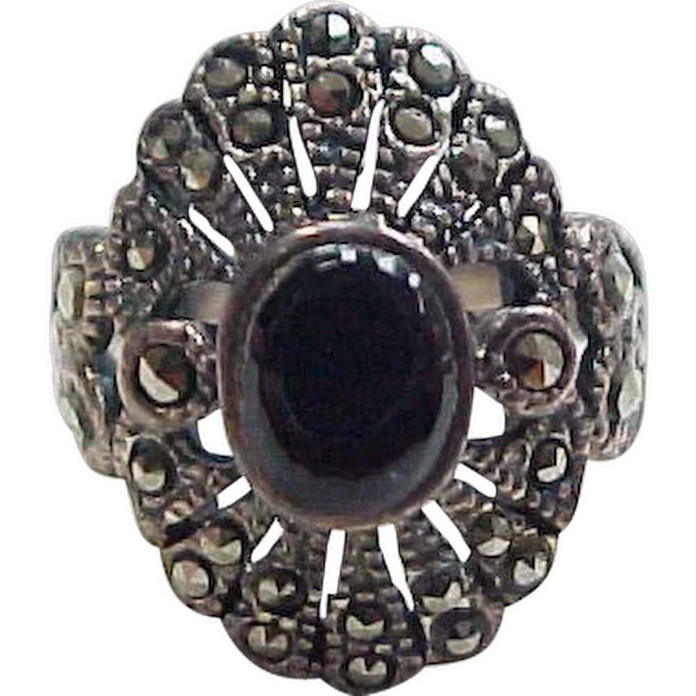 Vintage Sterling Silver Marcasite and Onyx Ring - image 1