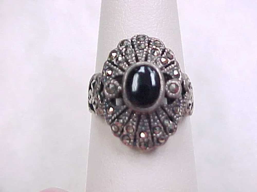 Vintage Sterling Silver Marcasite and Onyx Ring - image 8