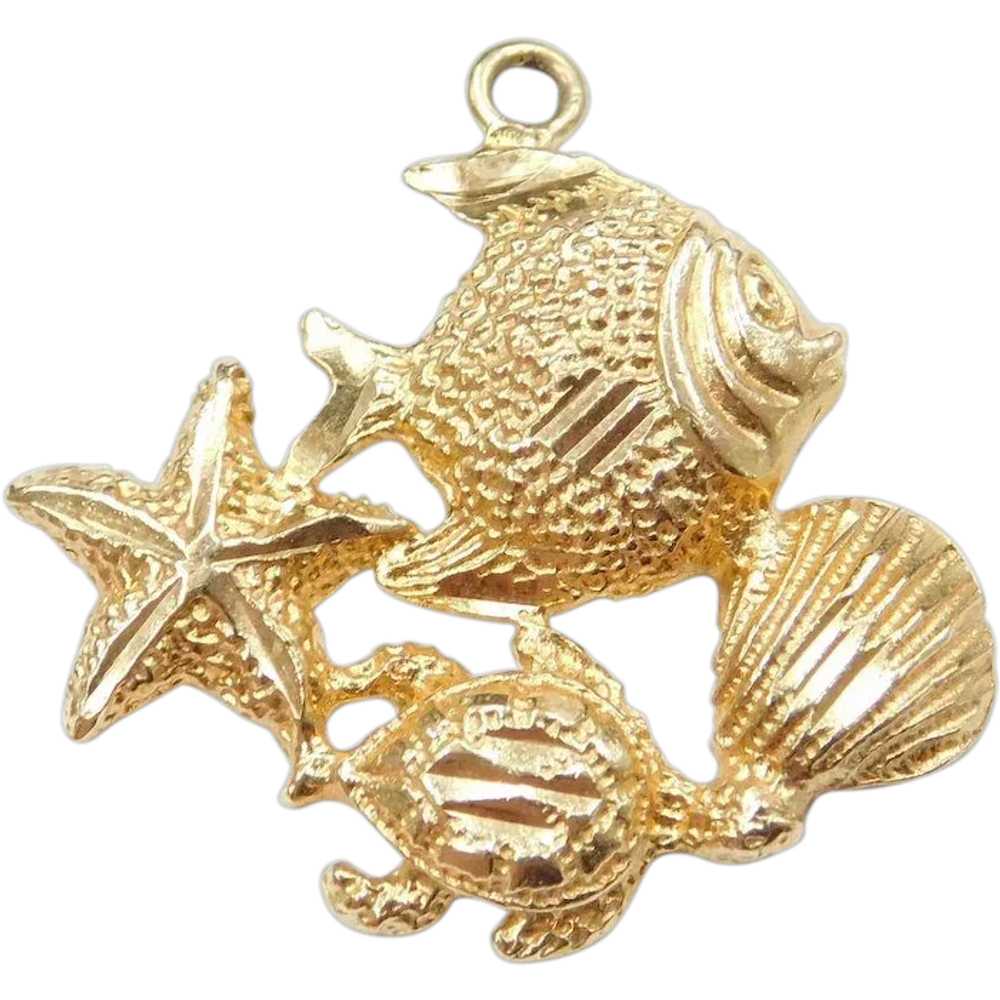 14k Gold Nautical Sea Life Charm ~ Fish, Starfish… - image 1