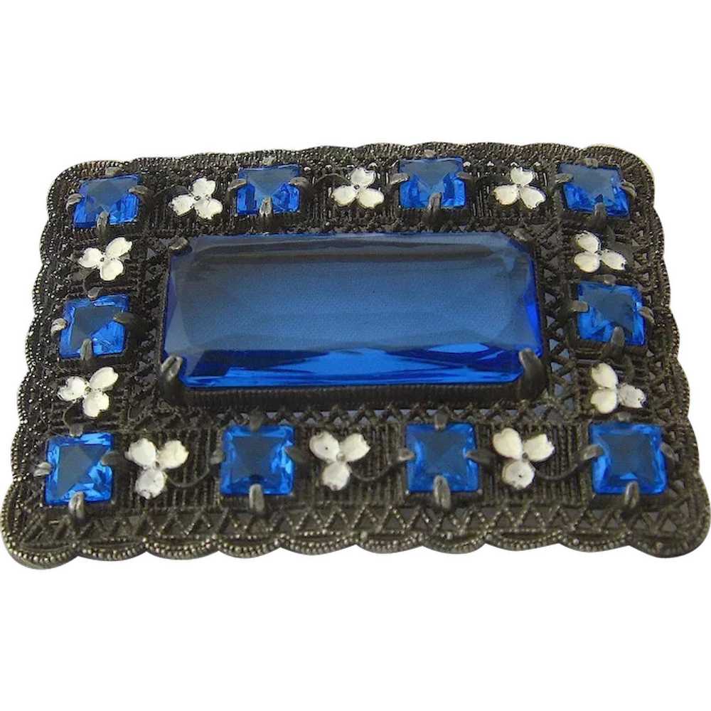 Sash Pin Rectangular Filigree Enamel Clover Blue … - image 1