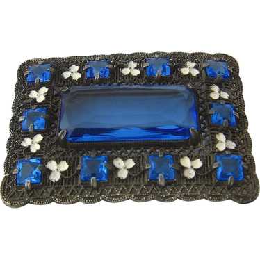 Sash Pin Rectangular Filigree Enamel Clover Blue … - image 1