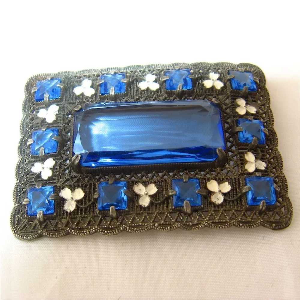 Sash Pin Rectangular Filigree Enamel Clover Blue … - image 2