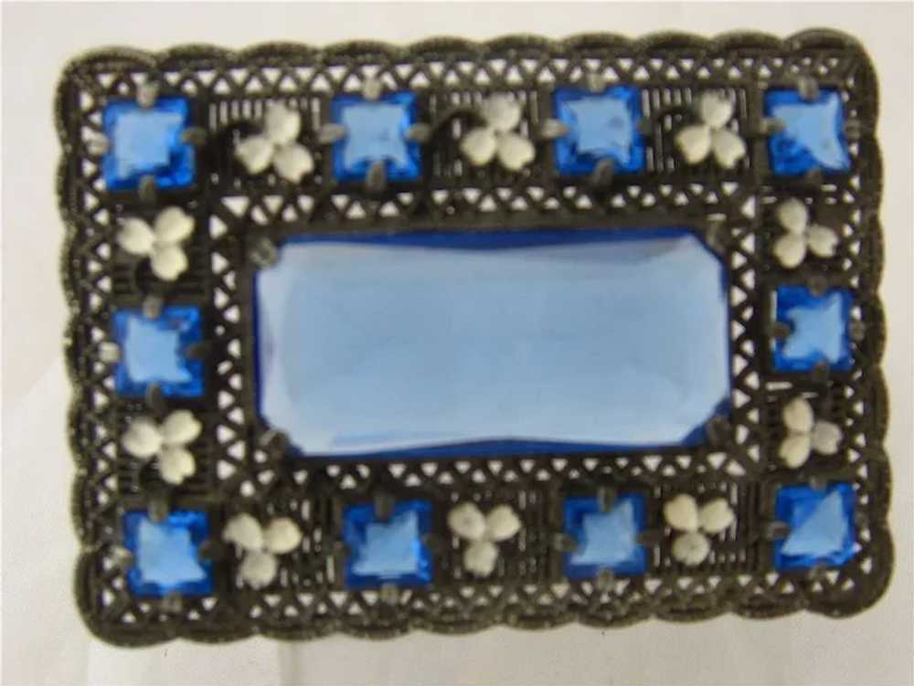 Sash Pin Rectangular Filigree Enamel Clover Blue … - image 4