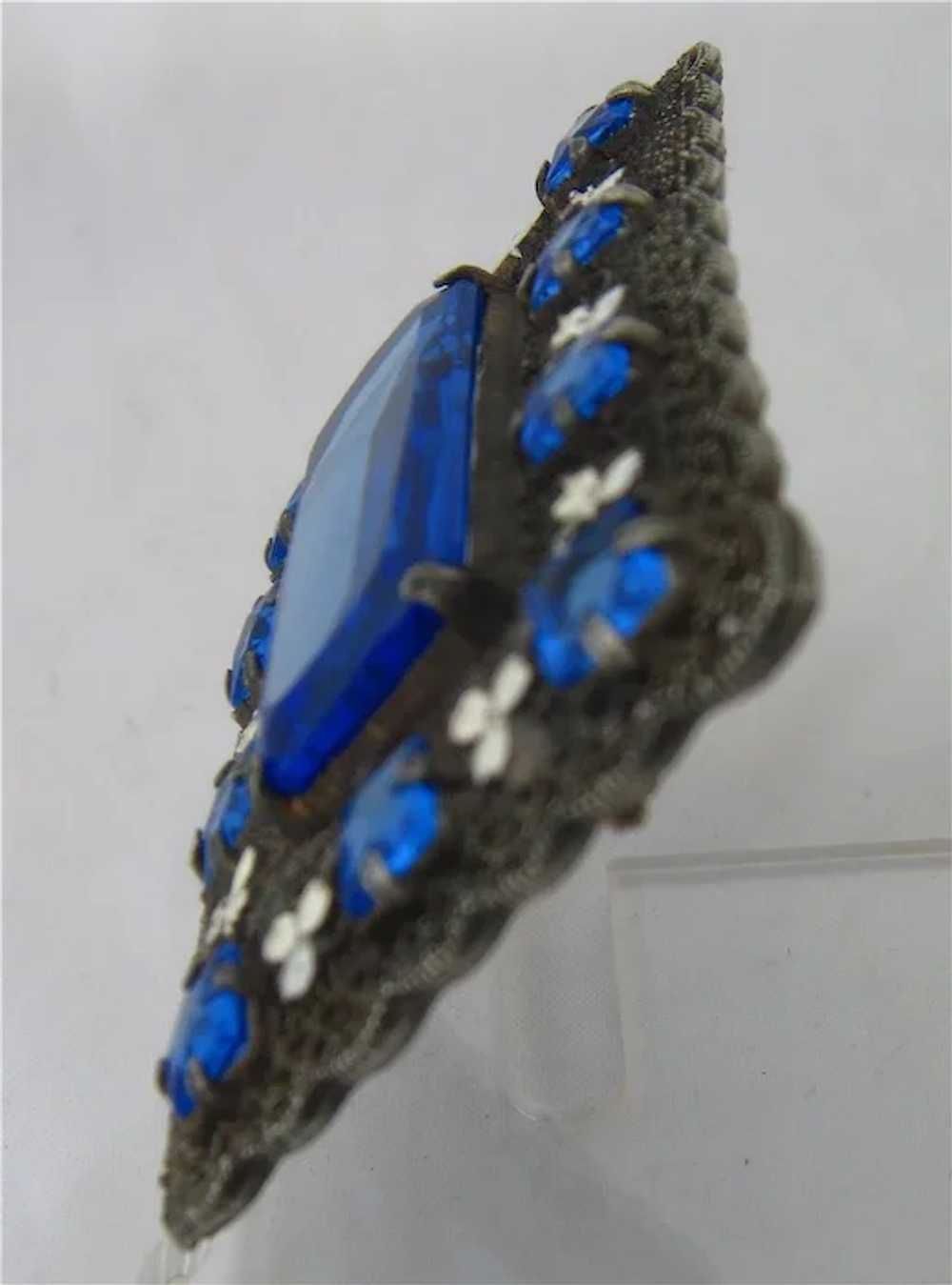 Sash Pin Rectangular Filigree Enamel Clover Blue … - image 6